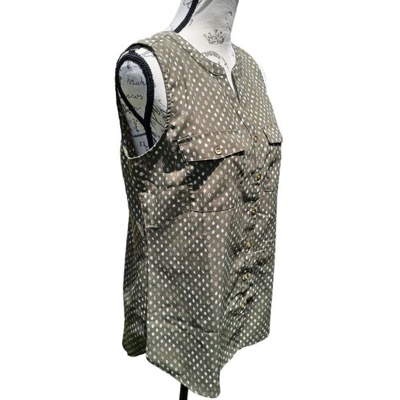 Croft & Barrow -1517 Olive White Speckled Split V-Neck Chest Pockets Blouse S - Picture 3 of 7